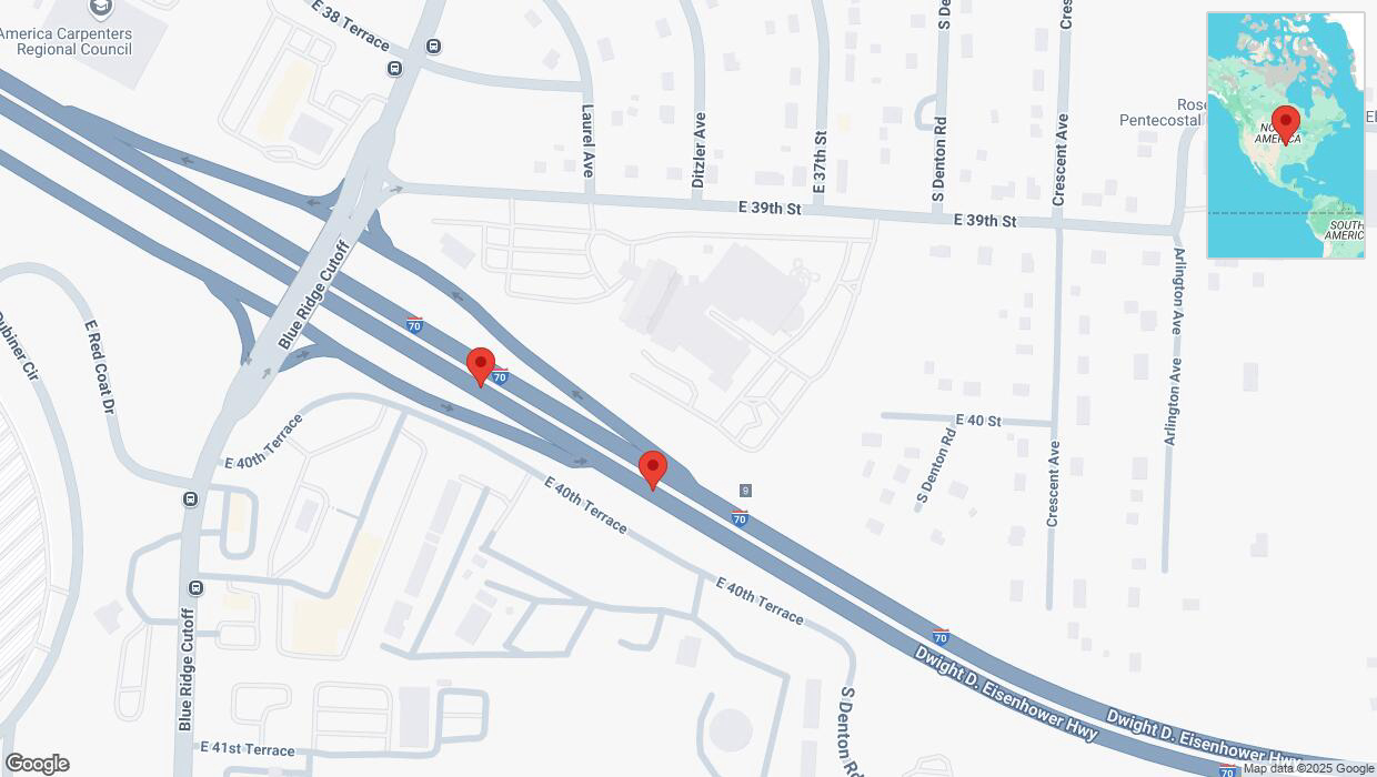 A detailed map that shows the affected road due to 'Broken down vehicle on eastbound I-70 in Kansas City' on February 21st at 6:40 p.m.
