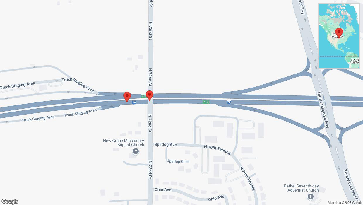 A detailed map that shows the affected road due to 'Broken down vehicle on eastbound I-70 in Kansas City' on February 21st at 5:48 p.m.