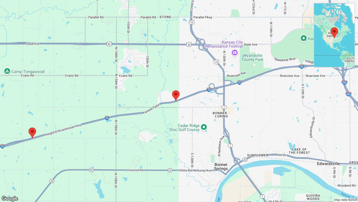 A detailed map that shows the affected road due to 'I-70 temporarily closed in Bonner Springs' on February 21st at 6 p.m.