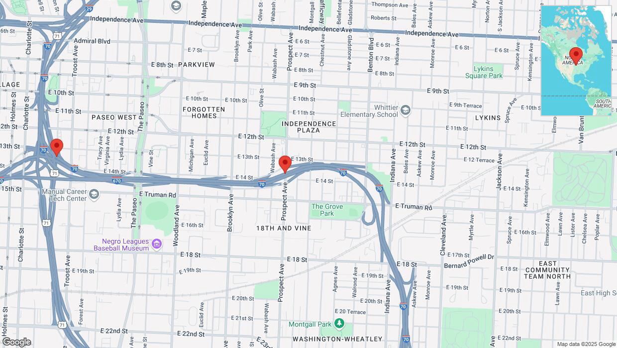 A detailed map that shows the affected road due to 'Incident on westbound I-70 in Kansas City' on February 21st at 6:17 p.m.