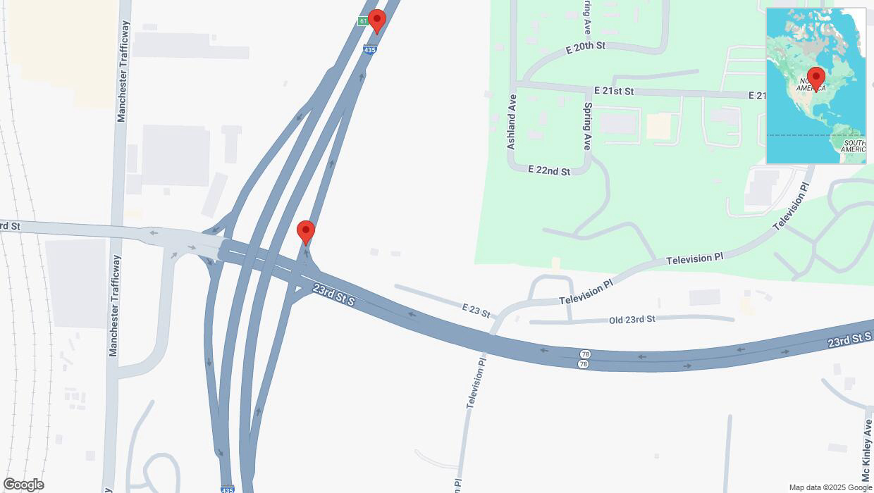 A detailed map that shows the affected road due to 'Broken down vehicle on East 23 Street in Kansas City' on February 21st at 9:01 p.m.