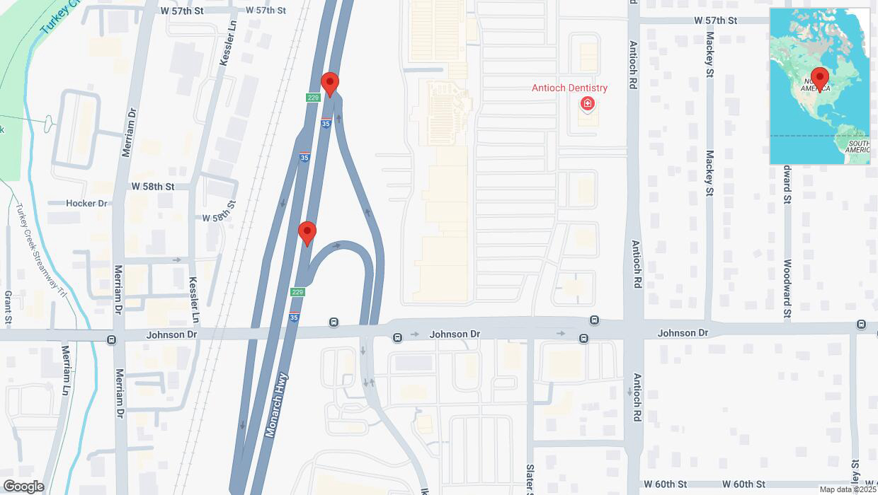 A detailed map that shows the affected road due to 'Broken down vehicle on northbound I-35 in Merriam' on February 21st at 6:22 p.m.