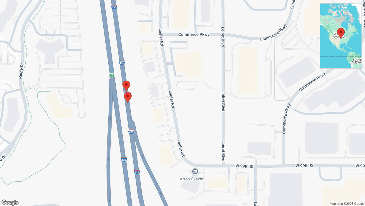 A detailed map that shows the affected road due to 'Broken down vehicle on northbound I-435 in Lenexa' on February 21st at 11:35 p.m.