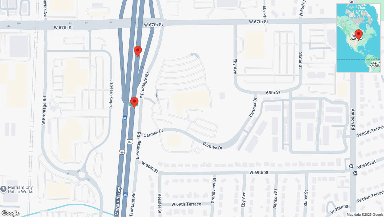 A detailed map that shows the affected road due to 'Broken down vehicle on eastbound I-35 in Merriam' on February 21st at 7:47 p.m.