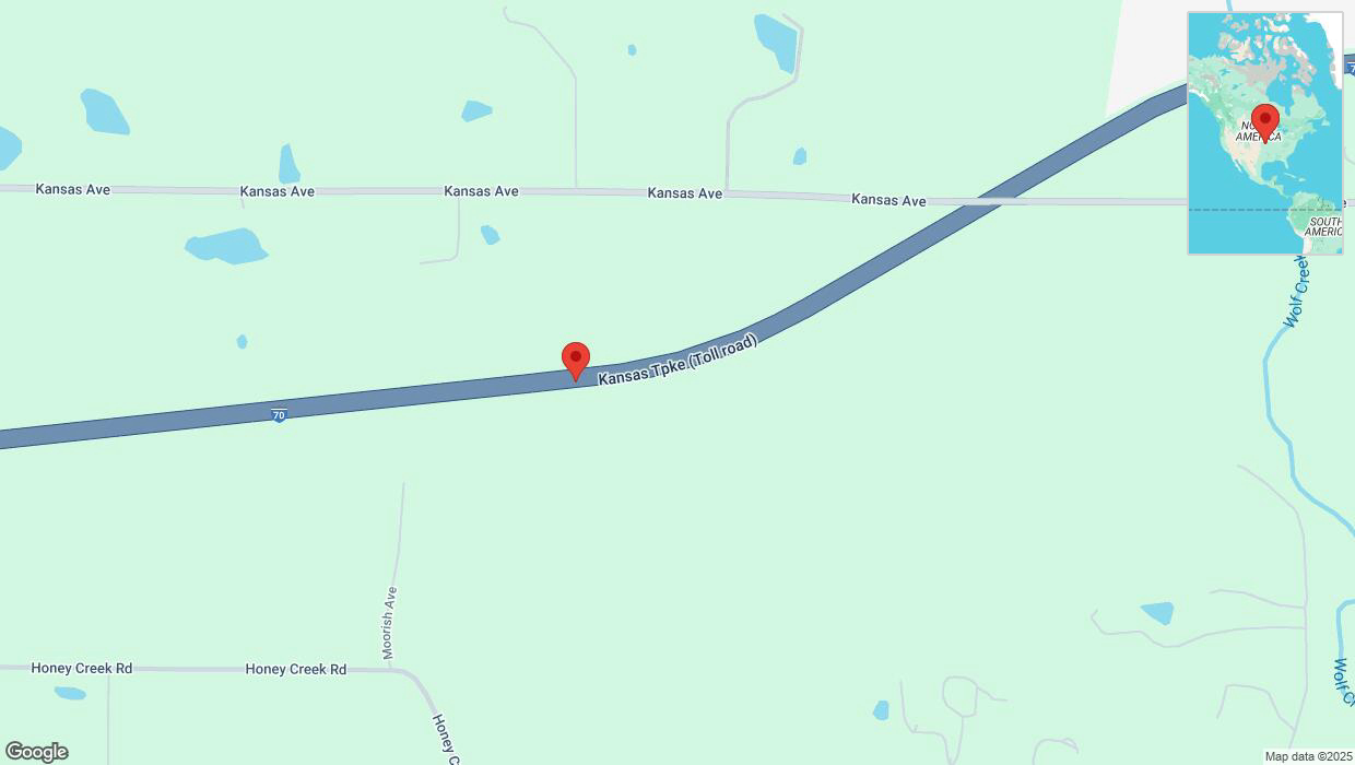 A detailed map that shows the affected road due to 'Warning: Crash on eastbound I-70 in Bonner Springs' on February 21st at 8:32 p.m.