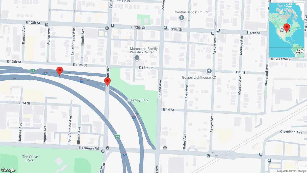 A detailed map that shows the affected road due to 'Broken down vehicle on Benton Boulevard in Kansas City' on February 21st at 8:44 p.m.