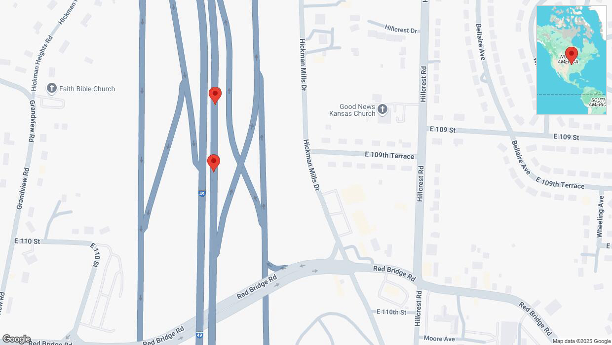 A detailed map that shows the affected road due to 'Broken down vehicle on northbound I-40/US-71 in Kansas City' on February 21st at 8:39 p.m.