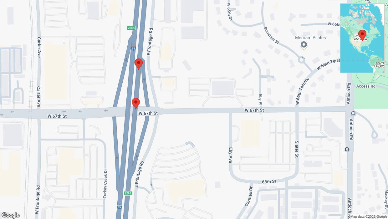 A detailed map that shows the affected road due to 'Broken down vehicle on eastbound I-35 in Merriam' on February 21st at 9:26 p.m.
