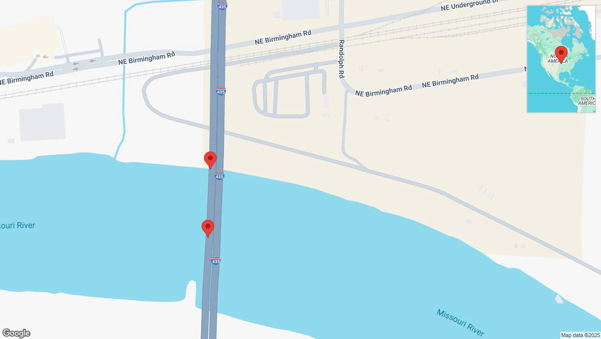 A detailed map that shows the affected road due to 'Broken down vehicle on southbound I-435 in Randolph' on February 21st at 11:35 p.m.
