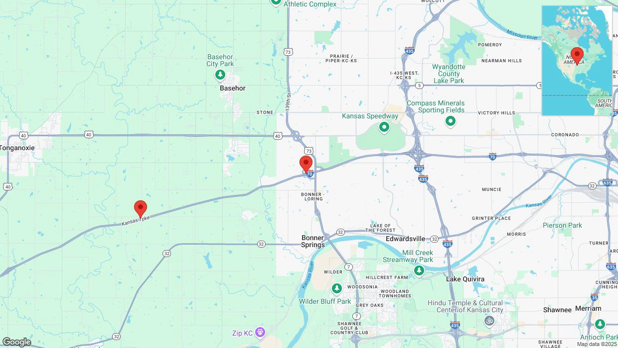 A detailed map that shows the affected road due to 'Bonner Springs: I-70 closed' on February 21st at 11:13 p.m.