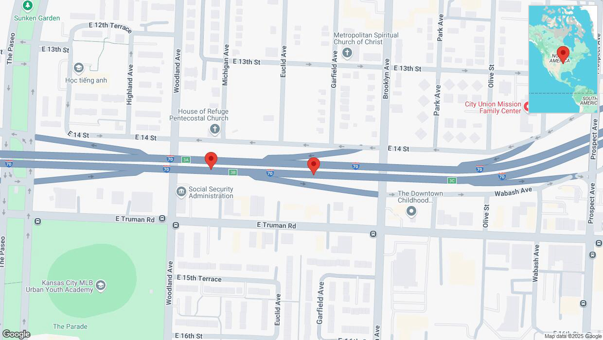 A detailed map that shows the affected road due to 'Broken down vehicle on eastbound I-70 in Kansas City' on February 22nd at 1:48 p.m.