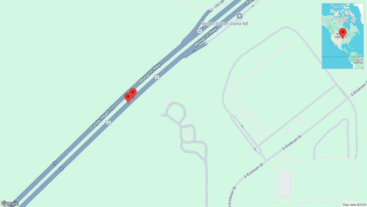 A detailed map that shows the affected road due to 'Broken down vehicle on eastbound I-35 in Olathe' on February 22nd at 4:06 p.m.