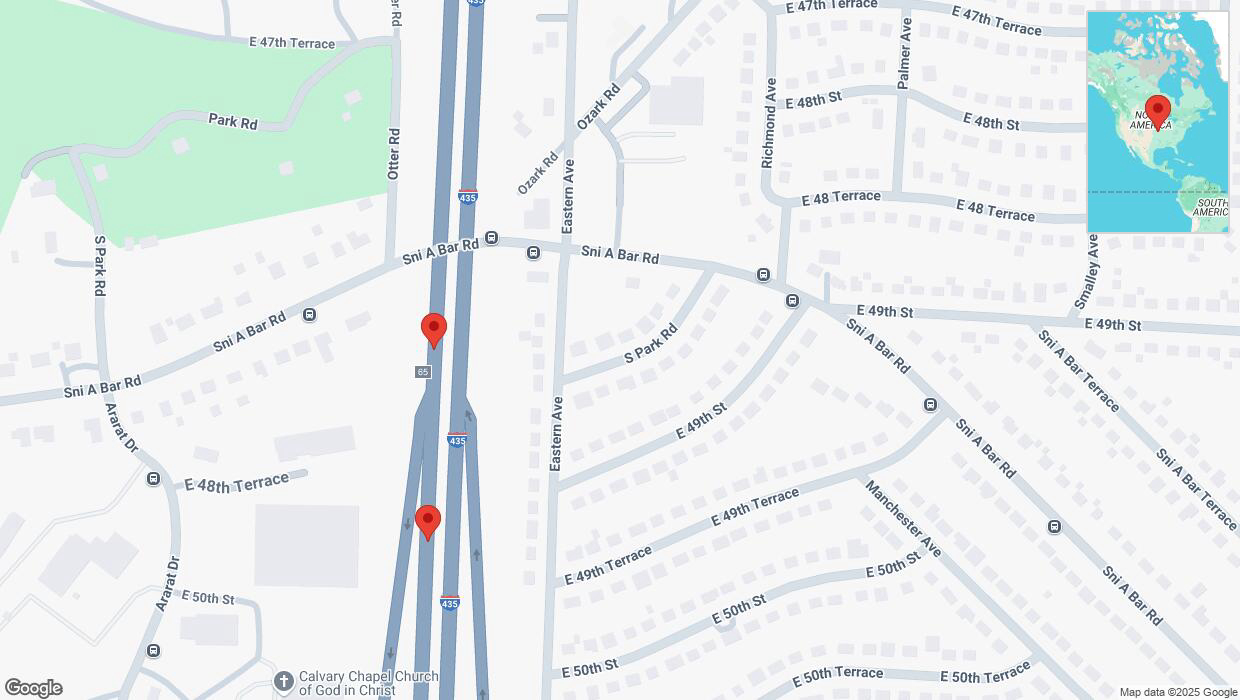 A detailed map that shows the affected road due to 'Broken down vehicle on southbound I-435 in Kansas City' on February 22nd at 4:28 p.m.