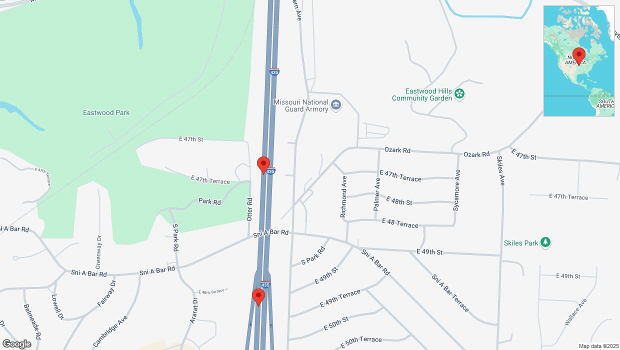 A detailed map that shows the affected road due to 'Broken down vehicle on southbound I-435 in Kansas City' on February 22nd at 4:34 p.m.