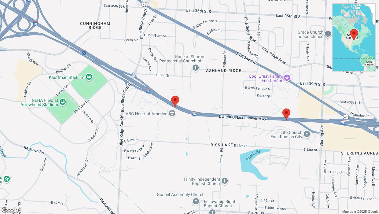 A detailed map that shows the affected road due to 'Warning in Kansas City: Crash reported on eastbound I-70' on February 22nd at 7:24 p.m.