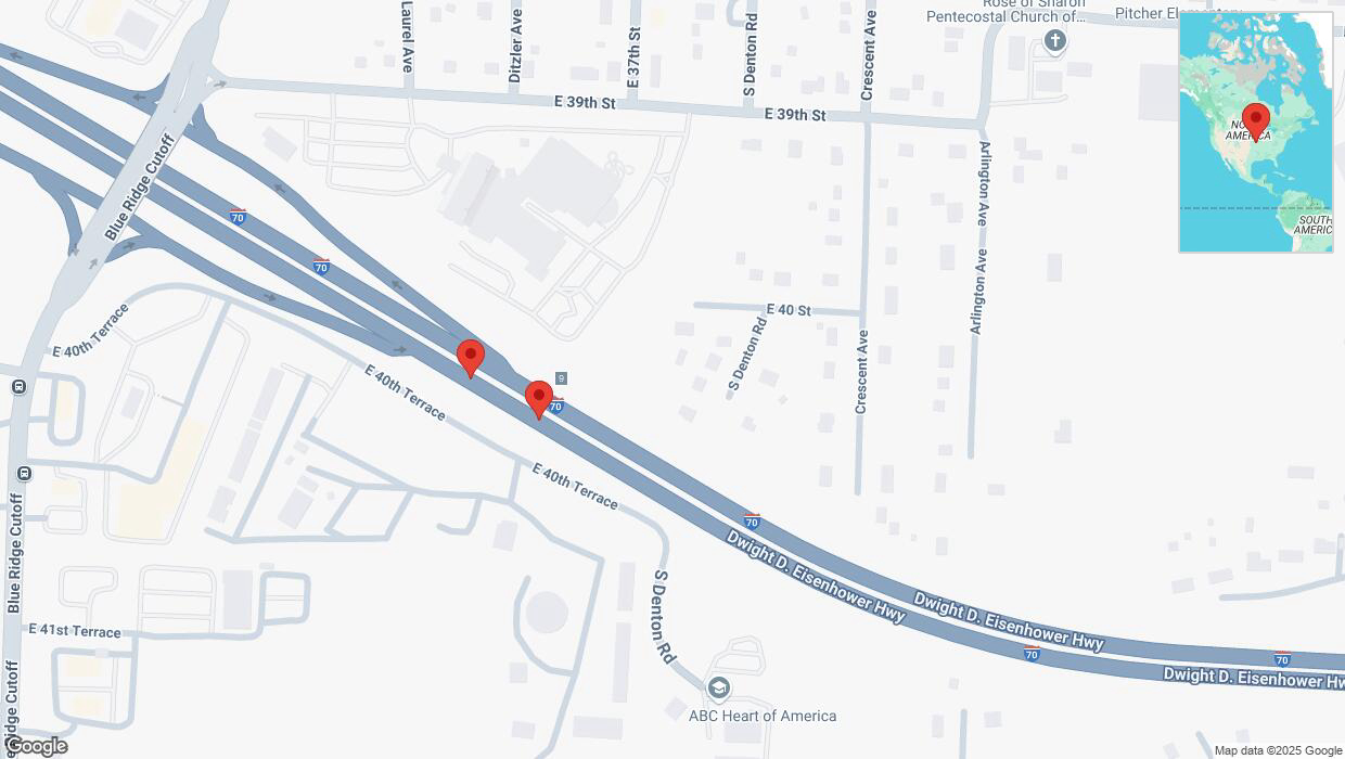 A detailed map that shows the affected road due to 'Broken down vehicle on eastbound I-70 in Kansas City' on February 22nd at 11:02 p.m.