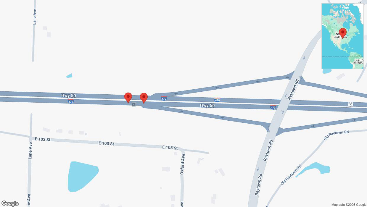 A detailed map that shows the affected road due to 'Broken down vehicle on eastbound I-470 in Kansas City' on February 22nd at 9:13 p.m.