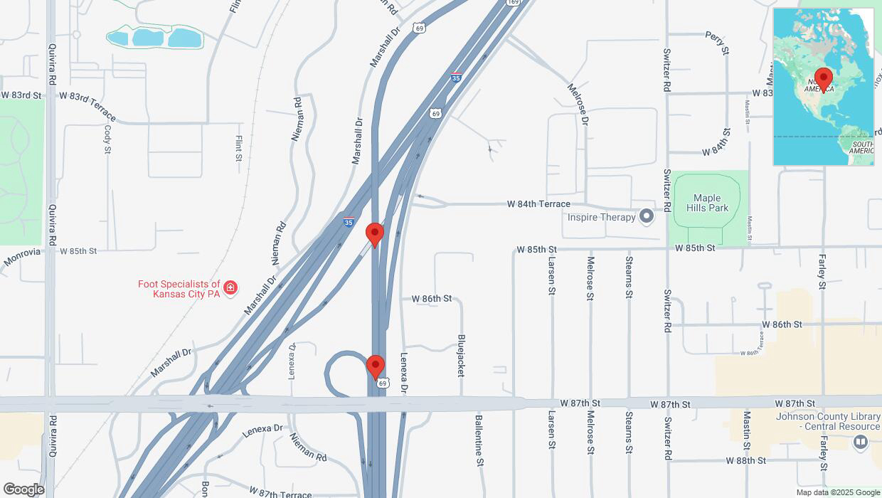 A detailed map that shows the affected road due to 'Crash report: US-69' on February 22nd at 9:19 p.m.