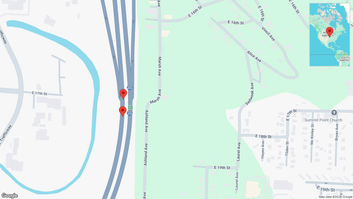 A detailed map that shows the affected road due to 'Broken down vehicle on southbound I-435 in Kansas City' on February 22nd at 10:04 p.m.