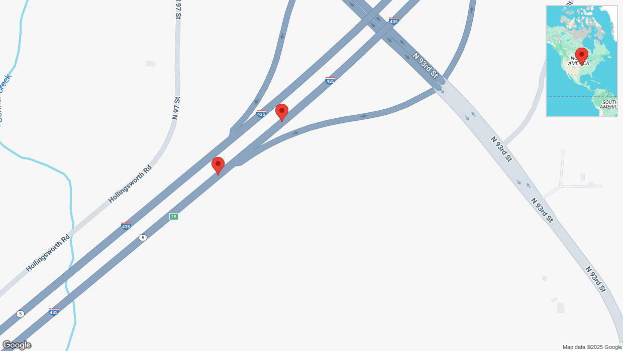 A detailed map that shows the affected road due to 'Broken down vehicle on northbound I-435 in Kansas City' on February 22nd at 11:08 p.m.