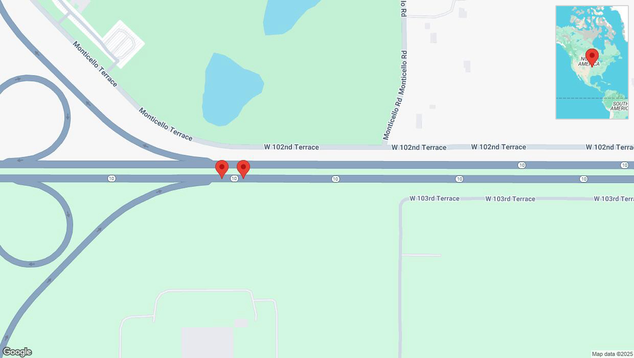 A detailed map that shows the affected road due to 'Broken down vehicle on eastbound K-10 in Olathe' on February 23rd at 12:15 p.m.