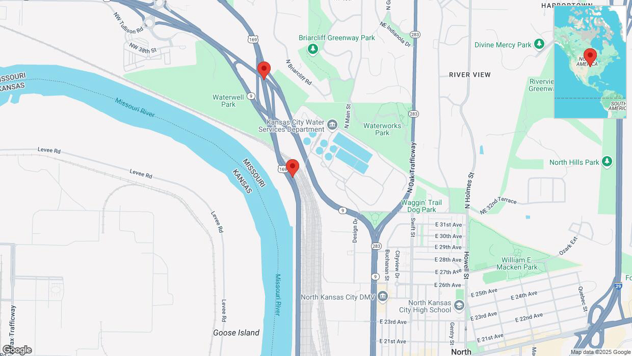 A detailed map that shows the affected road due to 'Broken down vehicle on northbound US-169 in Kansas City' on February 23rd at 12:19 p.m.