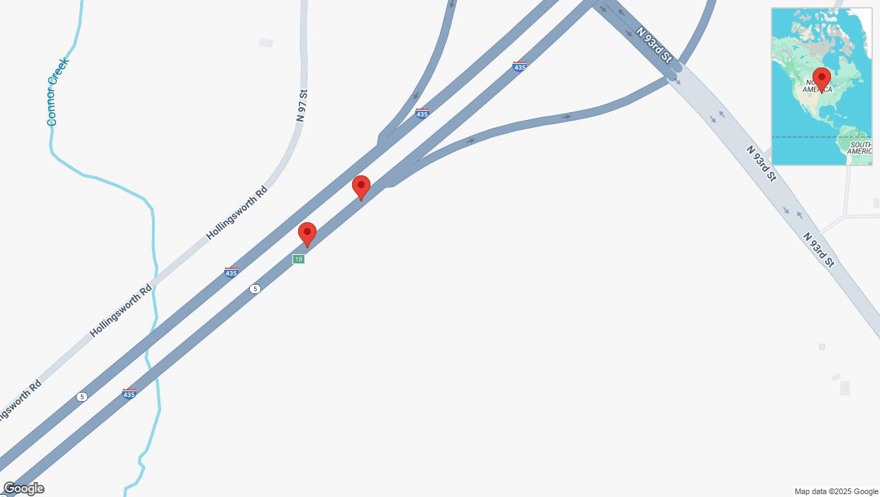 A detailed map that shows the affected road due to 'Broken down vehicle on northbound I-435 in Kansas City' on February 23rd at 2:48 p.m.