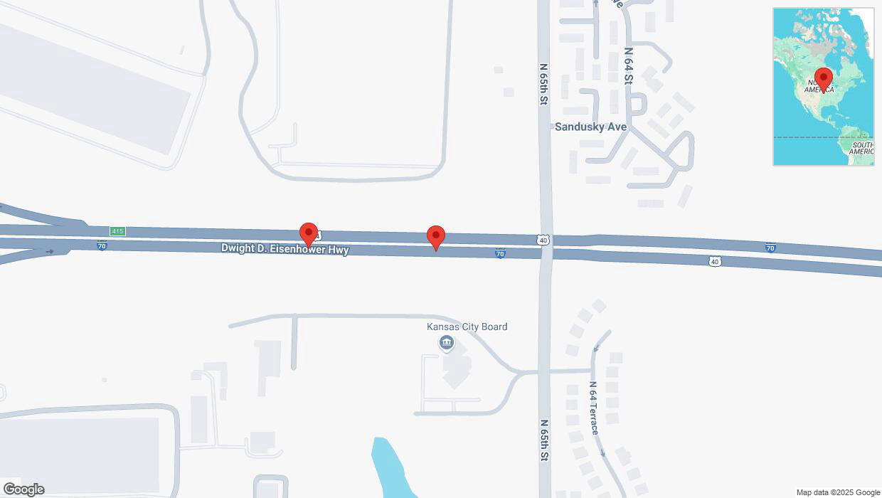 A detailed map that shows the affected road due to 'Broken down vehicle on eastbound I-70 in Kansas City' on February 23rd at 1:54 p.m.