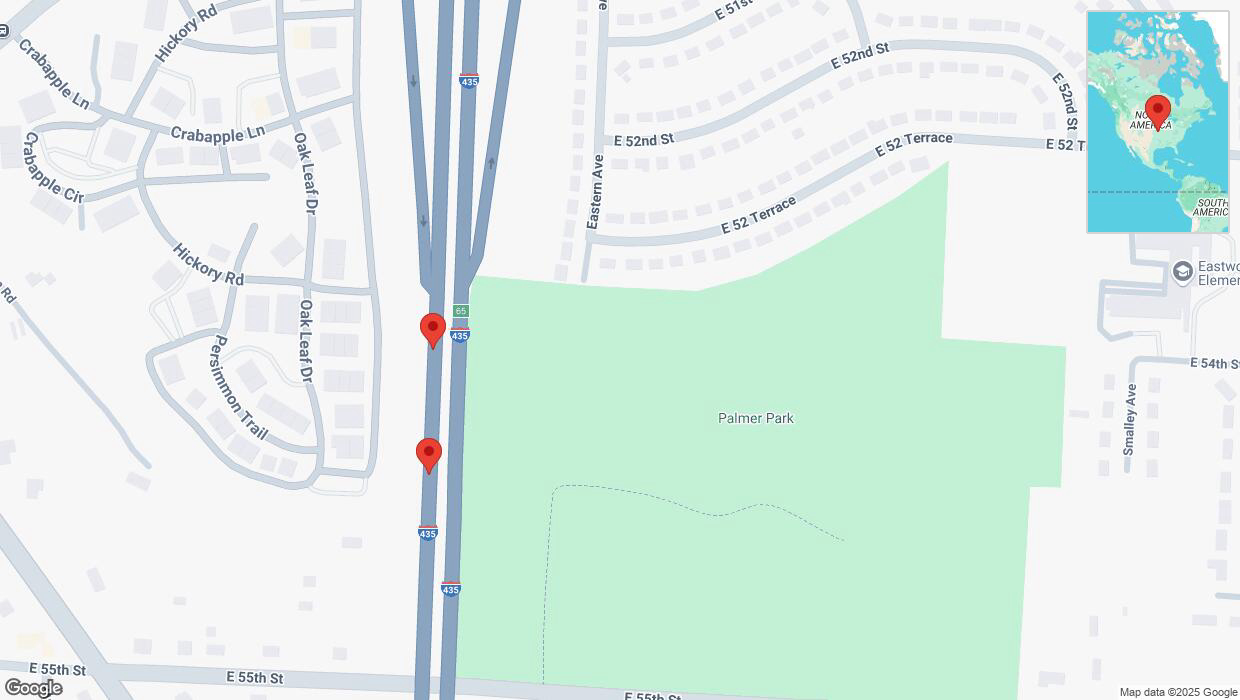A detailed map that shows the affected road due to 'Broken down vehicle on southbound I-435 in Kansas City' on February 23rd at 3:15 p.m.