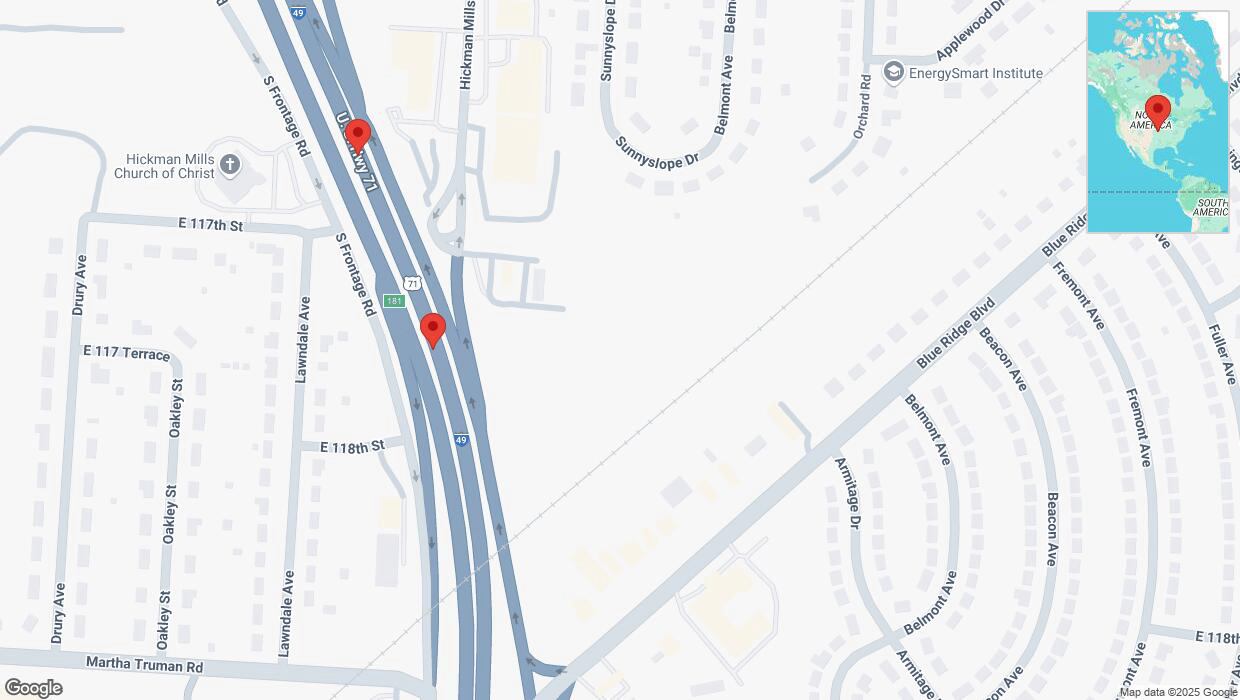 A detailed map that shows the affected road due to 'Broken down vehicle on northbound I-40/US-71 in Kansas City' on February 23rd at 3:21 p.m.