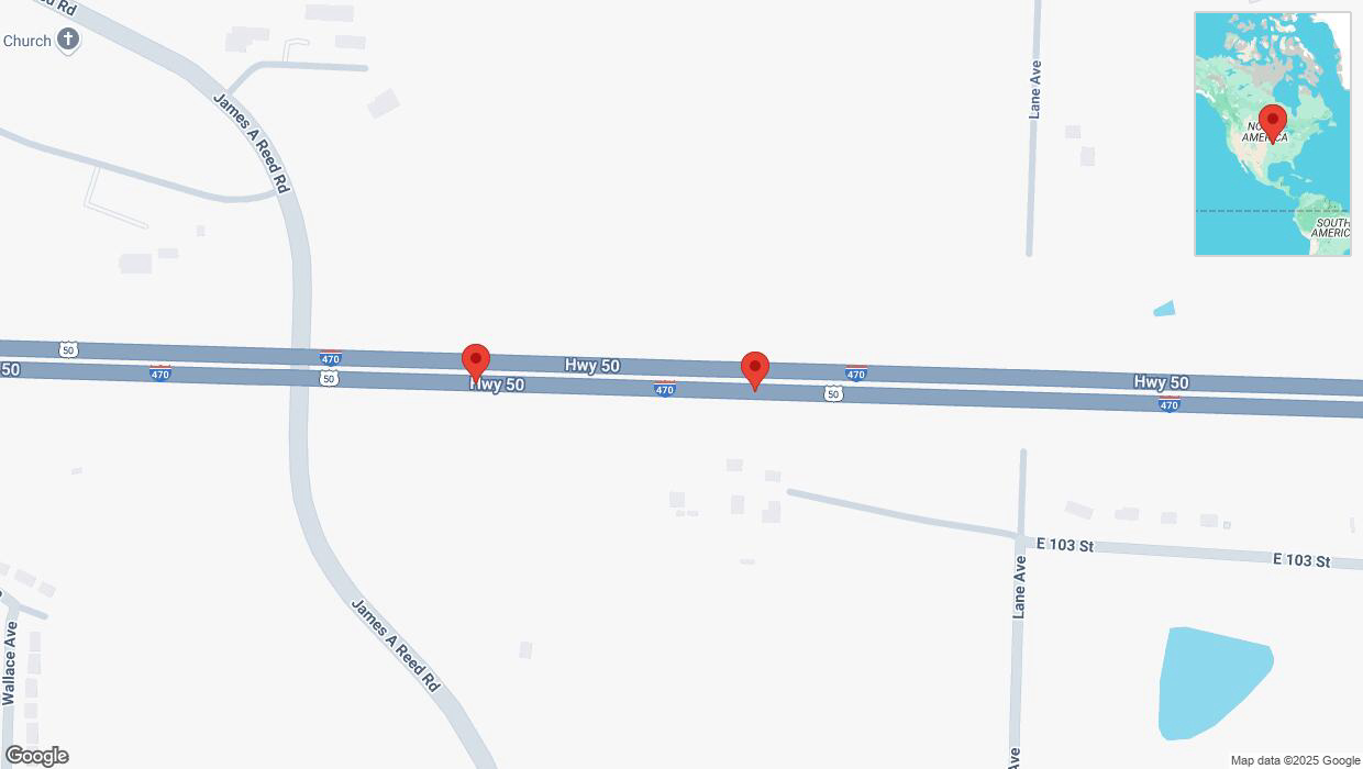 A detailed map that shows the affected road due to 'Broken down vehicle on eastbound I-470 in Kansas City' on February 23rd at 5:50 p.m.