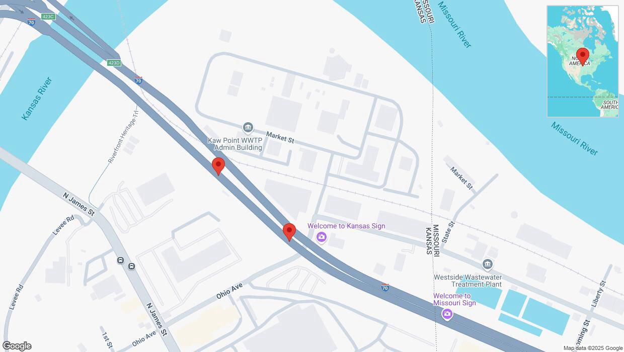A detailed map that shows the affected road due to 'Broken down vehicle on eastbound I-70 in Kansas City' on February 23rd at 7:22 p.m.