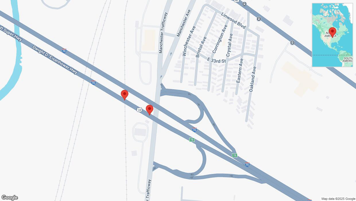 A detailed map that shows the affected road due to 'Broken down vehicle on eastbound I-70 in Kansas City' on February 23rd at 9:13 p.m.