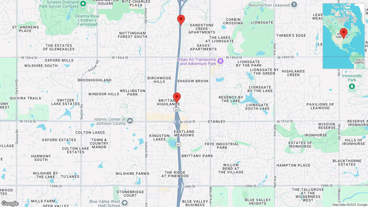A detailed map that shows the affected road due to 'Lane on US-69 closed in Overland Park' on February 25th at 3:25 p.m.