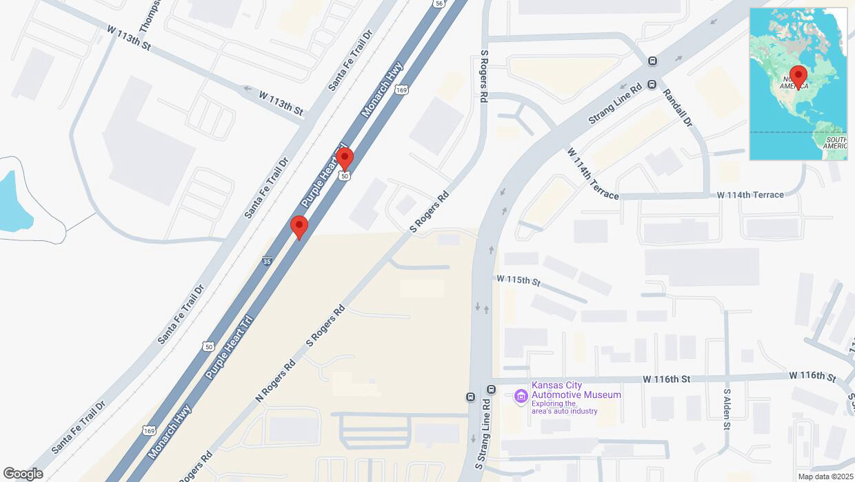 A detailed map that shows the affected road due to 'Broken down vehicle on eastbound I-35 in Olathe' on February 24th at 1:14 p.m.