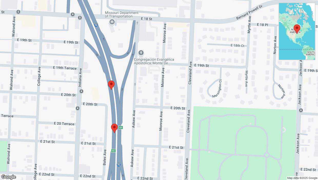 A detailed map that shows the affected road due to 'Broken down vehicle on eastbound I-70 in Kansas City' on February 24th at 1:19 p.m.