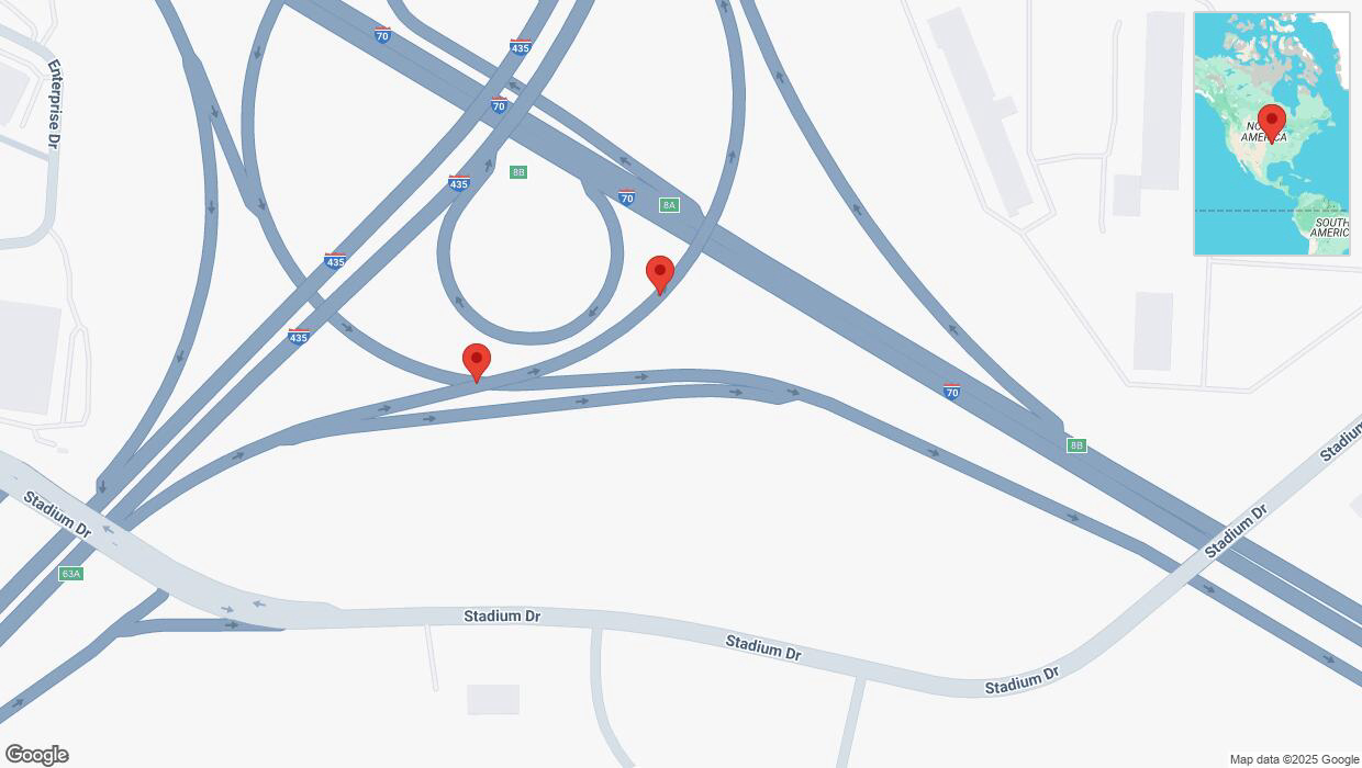 A detailed map that shows the affected road due to 'Broken down vehicle on Interstate 435 in Kansas City' on February 24th at 2:27 p.m.