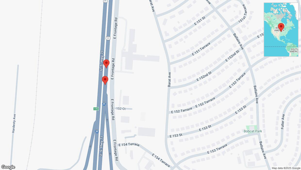 A detailed map that shows the affected road due to 'Broken down vehicle on northbound I-40/US-71 in Grandview' on February 24th at 3:28 p.m.