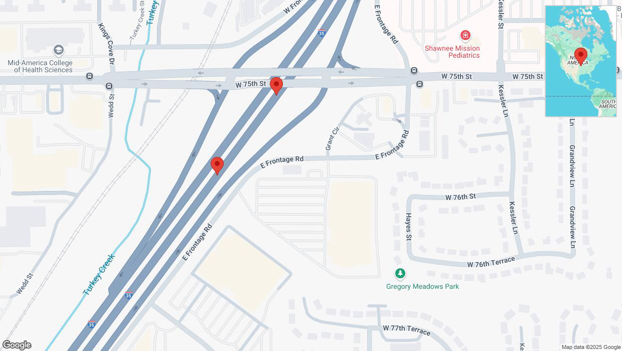 A detailed map that shows the affected road due to 'Broken down vehicle on eastbound I-35 in Overland Park' on February 24th at 2:32 p.m.