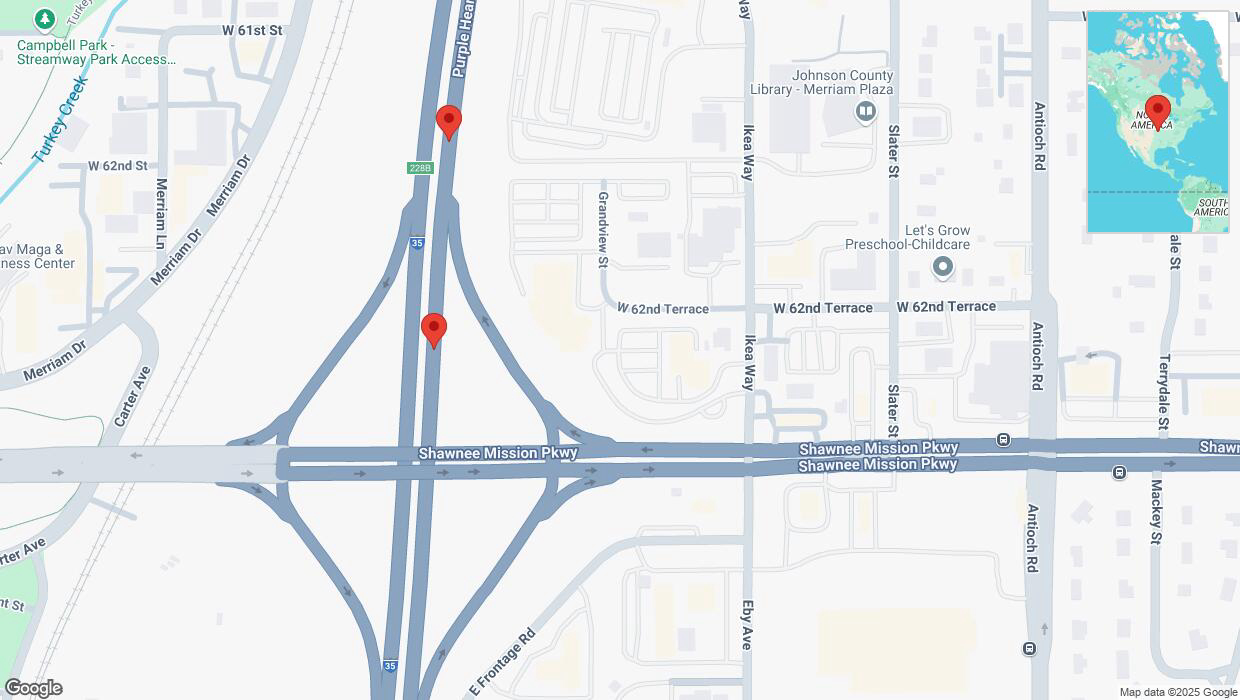 A detailed map that shows the affected road due to 'Broken down vehicle on northbound I-35 in Merriam' on February 24th at 3:17 p.m.