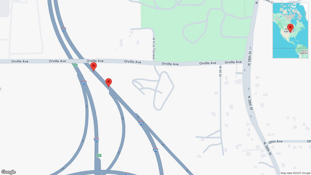 A detailed map that shows the affected road due to 'Broken down vehicle on northbound I-635 in Kansas City' on February 24th at 3:55 p.m.