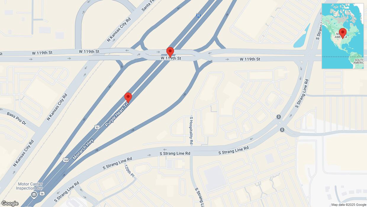 A detailed map that shows the affected road due to 'Broken down vehicle on eastbound I-35 in Olathe' on February 24th at 3:28 p.m.