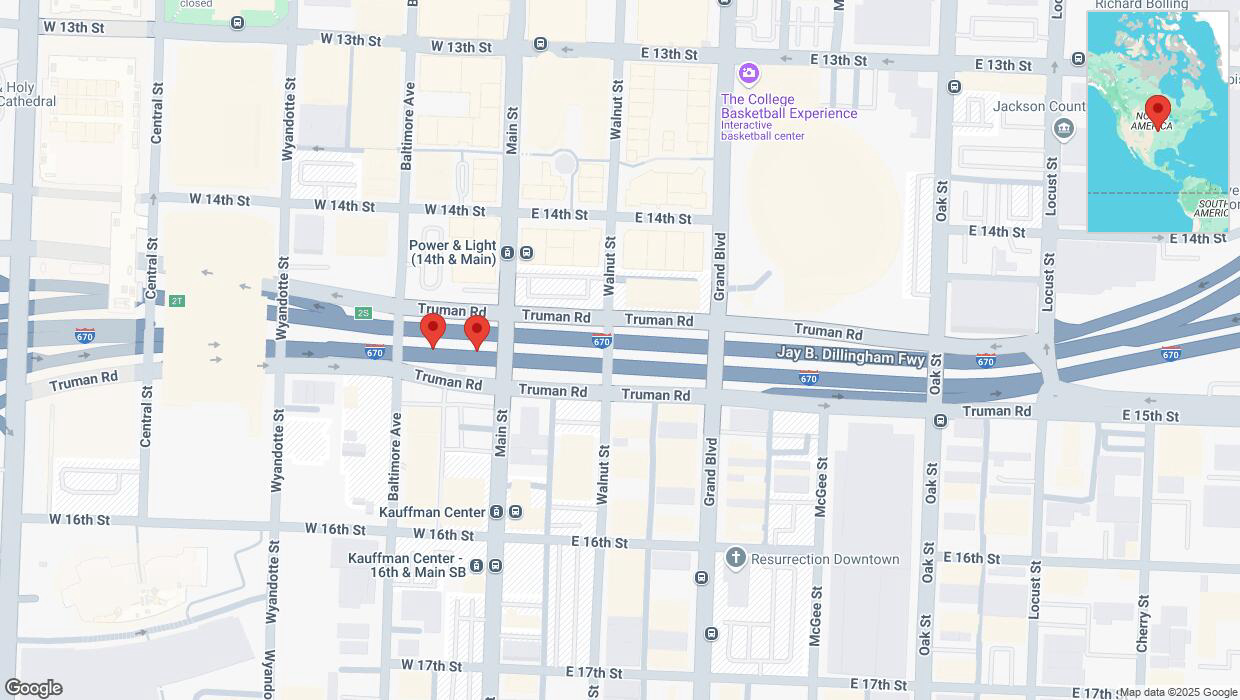 A detailed map that shows the affected road due to 'Broken down vehicle on eastbound I-670 in Kansas City' on February 24th at 3:44 p.m.