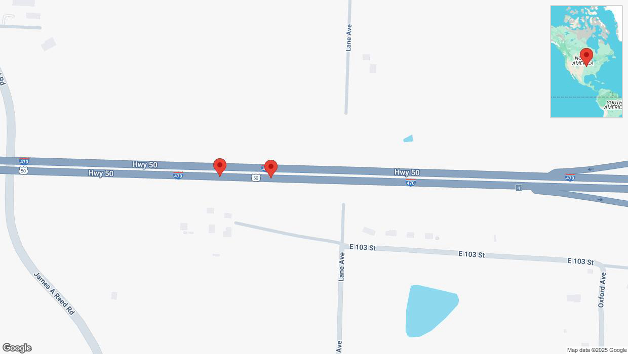 A detailed map that shows the affected road due to 'Broken down vehicle on eastbound I-470 in Kansas City' on February 24th at 3:49 p.m.