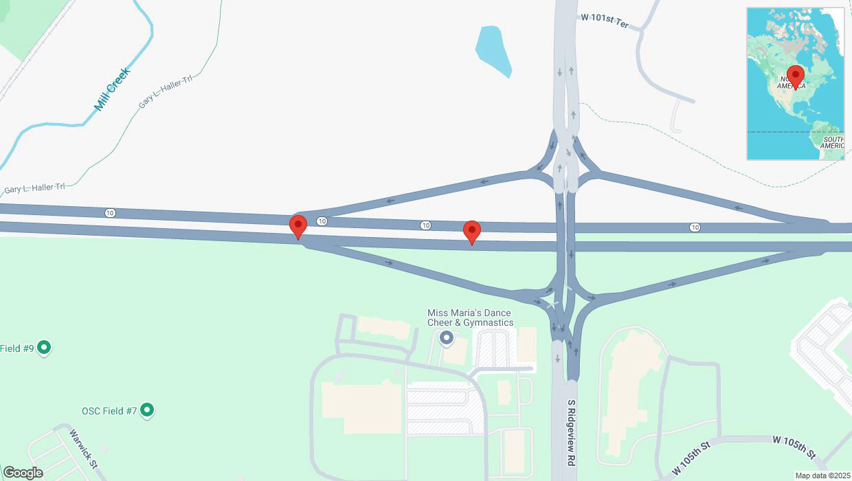 A detailed map that shows the affected road due to 'Broken down vehicle on eastbound K-10 in Olathe' on February 24th at 4:34 p.m.