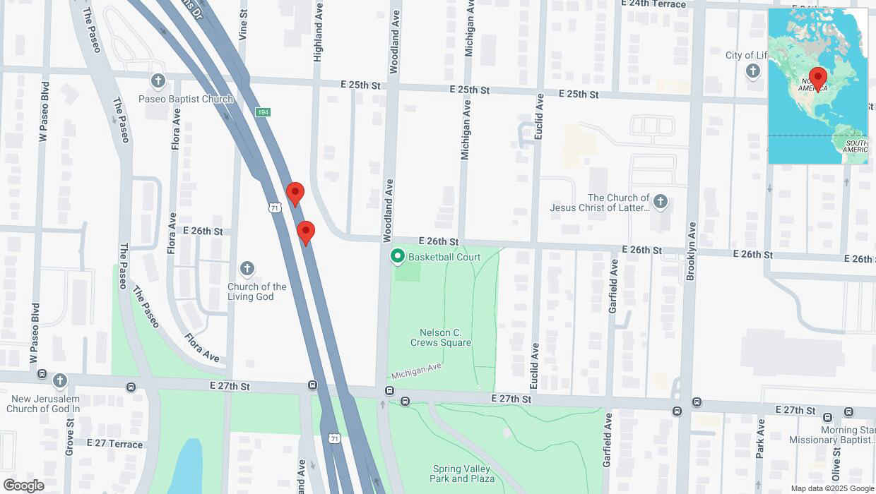 A detailed map that shows the affected road due to 'Broken down vehicle on northbound US-71 in Kansas City' on February 24th at 5:26 p.m.