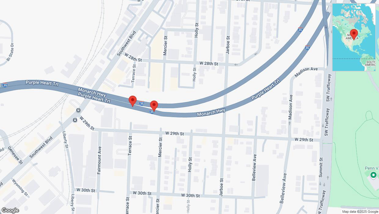 A detailed map that shows the affected road due to 'Crash reported on northbound I-35 in Kansas City' on February 24th at 4:34 p.m.