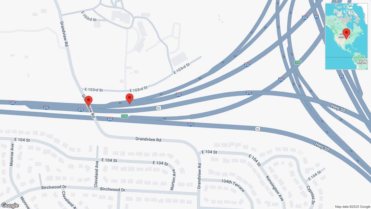 A detailed map that shows the affected road due to 'Broken down vehicle on southbound I-435 in Kansas City' on February 24th at 5:09 p.m.