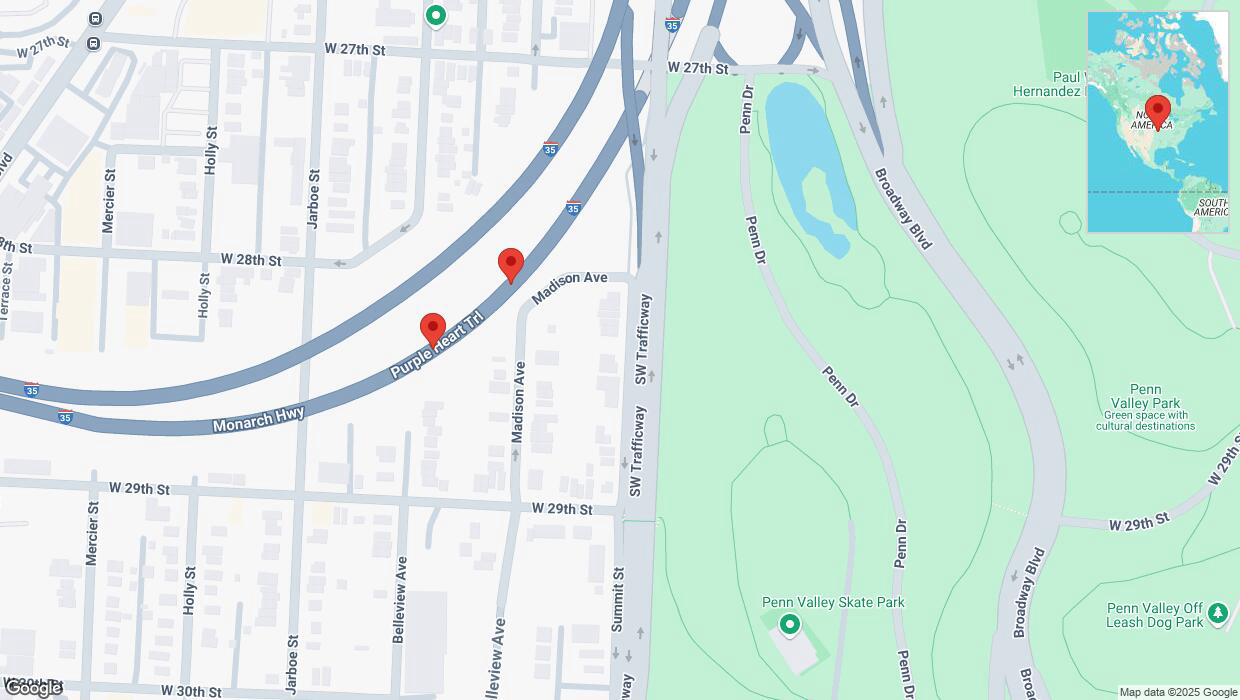 A detailed map that shows the affected road due to 'Crash reported on northbound I-35 in Kansas City' on February 24th at 5:20 p.m.