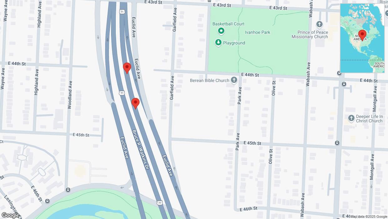 A detailed map that shows the affected road due to 'Crash report: Bruce R Watkins Expressway/US-71' on February 24th at 4:58 p.m.